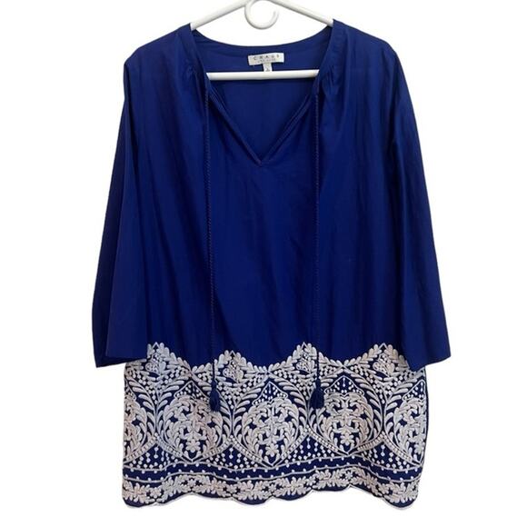 Chaus New York Womens L Blue Long Sleeve Embroidered Tunic Lagenlook Blouse Boho - Picture 1 of 9